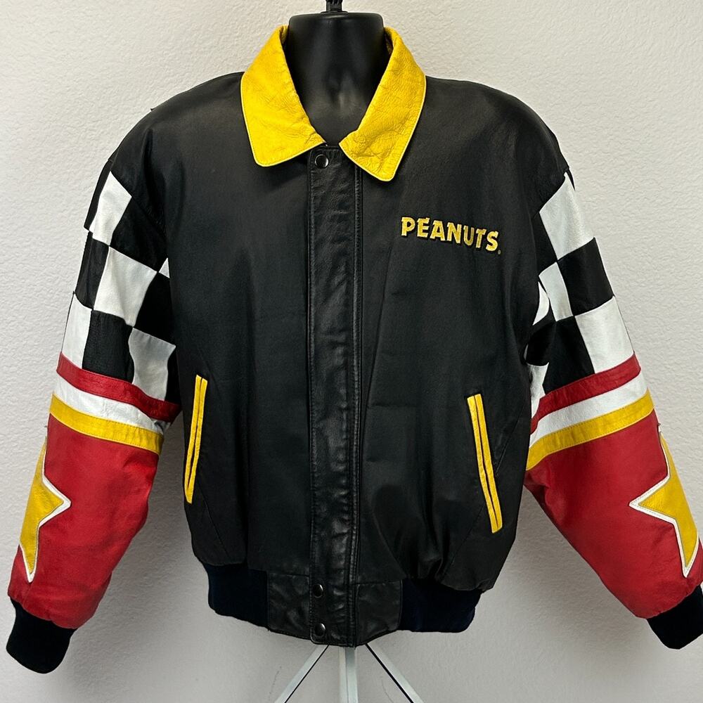 Vintage 90s Snoopy Peanuts Leather Bomber Jacket L Large American Toons Black - Picture 2 of 16